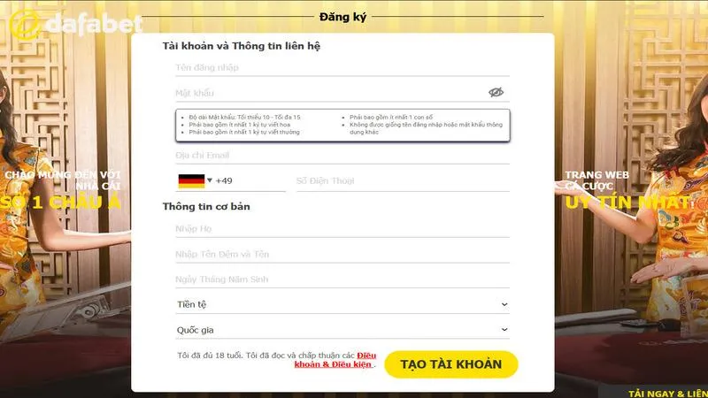 Form đăng ký tài khoản thành viên